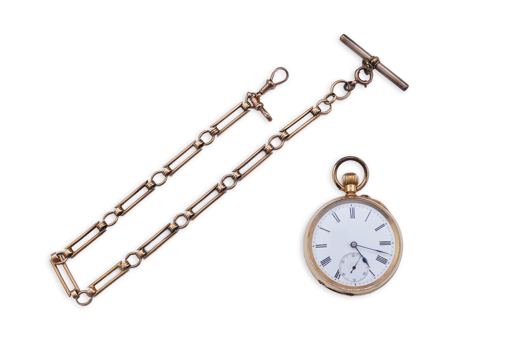 A continental 18k gold open faced keyless lever pocket watch, with a 9ct albert